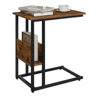 Image de WOLTU Table d&#039;Appoint en Forme de C, Bout Canapé, Basse, Bois d&#039;Ingénierie avec Cadre Métal, Compartiment Rangement, Marron Rustique