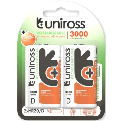 Image de Uniross Pack de 3 x 2 Piles Rechargeables D/HR20 3000 NIMH HYBRIO, 1.2V