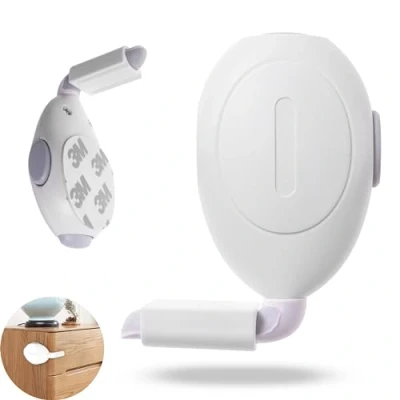 Image de sécurité enfants pour tiroirs, 2 pièces, à coller, en blanc, une distance max. de 25 mm entre le vantail et cadre, bébé commodes trois boutons poussoirs