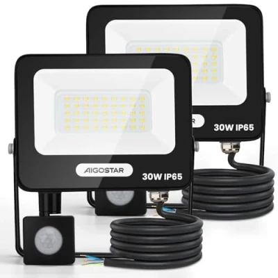 Image de Aigostar 30W Projecteur LED Extérieur avec Détecteur de Mouvement，2 Pièces，2750LM Ultra Mince Spot LED，Lumière Sécurité Etanche IP65 pour Interieur，Jardin，Patio，Cour，Allée，Blanche Naturelle 4000K