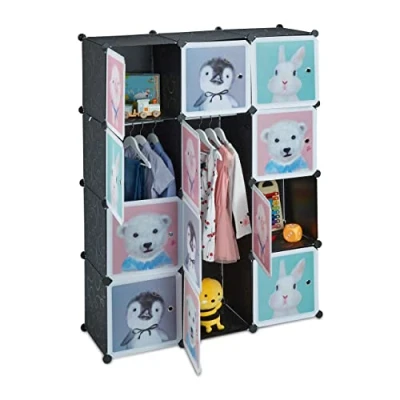 Image de Relaxdays Armoire Chambre d&#039;enfant, modulable, 8 Cubes, Portes, DIY, étagère Animaux, HLP 145x109x37 cm, Noir