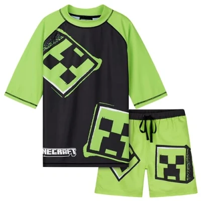 Image de Minecraft Maillot de Bain Enfant 2 Pcs T Shirt Garcon Manches Courtes e Short (13 14 Ans, Vert clair/Noir)