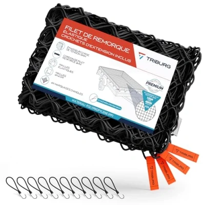 Image de Triburg Filet de remorque extensible 1,5 x 2,7 m à 2,5 3,5 avec 10 crochets tendeurs élastique marqueurs d&#039;angle et cordon