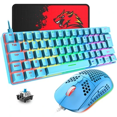 Image de T60 Ensemble Clavier et Souris de Jeu Filaire, Mécanique 60% Mini 62 Touches, 19 Lumières Arc en ciel, UK Layout + PS4 6400 DPI Tapis pour PC,Mac Switch Blue/Bleu