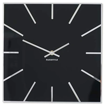 Image de FLEXISTYLE Horloge Murale carrée Exact de 30 cm diamètre, sans Bruit tic tac Moderne, Design en Verre Acrylique et Miroir pour Salon, Chambre à Coucher (Noir)