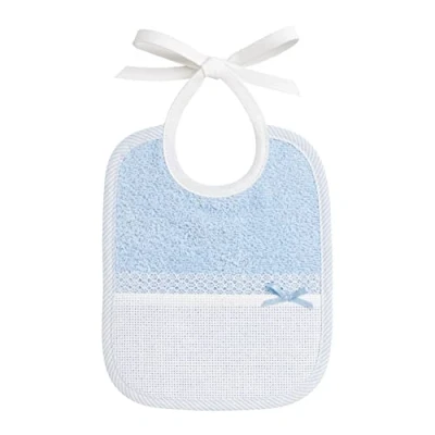 Image de Filet Bavoir en Eponge Colorée, Réalisé Entièrement à Main avec Poche Toile Aida Broder, Idéal pour les Nouveau nés et Petite Enfance, 100% Made in Italy, Blanc Bleu, Mesures 18x21