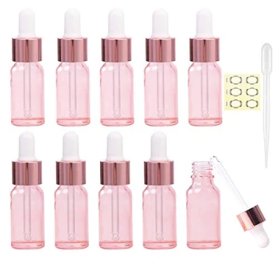 Image de Alledomain Lot de 10 mini flacons vides en verre or rose 5 ml avec pipettes compte gouttes, bouchons métal rose, rechargeables pour huiles essentielles, mélanges d&#039;aromathérapie, liquides