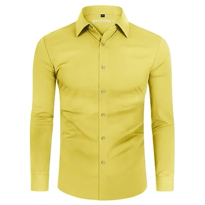 Image de DEMEANOR Chemise stretch à manches longues pour homme Coupe ajustée d&#039;affaires Infroissable, jaune, S