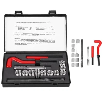 Image de Kit de réparation filetage 15pcs M14x2 bobine hélicoïdale voiture Clé forage en acier inoxydable Insert fileté compatible Ensemble d&#039;outils à main Helicoils