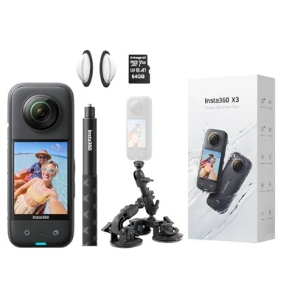 Image de Insta360 Fat Gecko X3 Kit de Fixation pour caméra d&#039;action 360 véhicule Drone 3ème Personne Vidéo GTA avec Perche à Selfie Invisible, protège objectifs + 64 Go