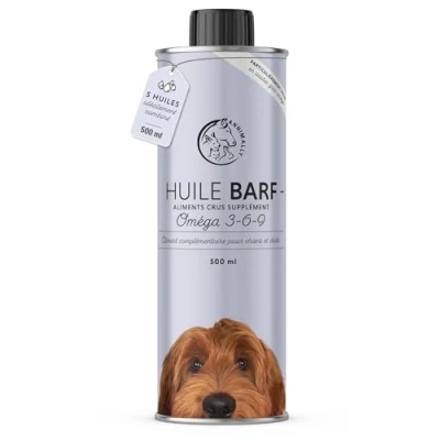 Image de huile Barf pour chiens 500ml avec Omega 3 6 9 à partir de: de saumon, colza, chanvre et bourrache alimentaire chien comme garniture