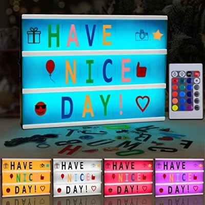Image de Amzeeniu A4 Light Box Boîte à Lumière LED Enseigne Lumineuse Personnalisable de Couleur Alimenté par USB et Batterie avec 192 Lettres Emojis,Télécommande,pour idée Cadeau