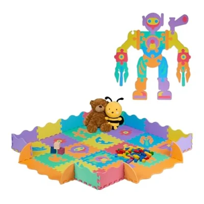 Image de Relaxdays Tapis de Jeu, Puzzle 4x4 pièces, avec Bordure, Motifs Robots, Mousse, sans polluants, bébés et Enfants, coloré