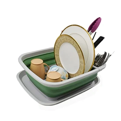 Image de SAMMART Égouttoir à Vaisselle Pliable 8L avec égouttoir Ensemble de séchage Organisateur Portable Plateau Rangement Peu encombrant (Gris/Vert océan foncé, 1)