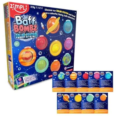 Image de Zimpli Kids 9 x Bombe de bain Système solaire, Cartes d&#039;information sur les planètes, Planète éducative pour enfants, Kit scientifique garçons et filles