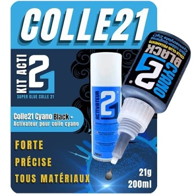 Image de Super Glue Multi Usage Colle21 Kit ACTI Black 21 Ensemble Colle et Activateur pour Cyanoacrylate en Spray 200ml tous matériaux Universelle