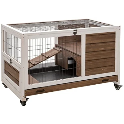Image de PawHut Clapier à Lapin sur roulettes Cage 2 étages Porte verrouillable Toit ouvrant Plateau Coulissant Rampe Bois de Sapin Marron Blanc