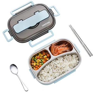Image de amropi Bento Box Lunch en Acier Inoxydable avec 2/3/4/5 Compartiments baguettes, cuillère pour enfants adultes, passe au lave vaisselle (Bleu, 3 Compartiments)