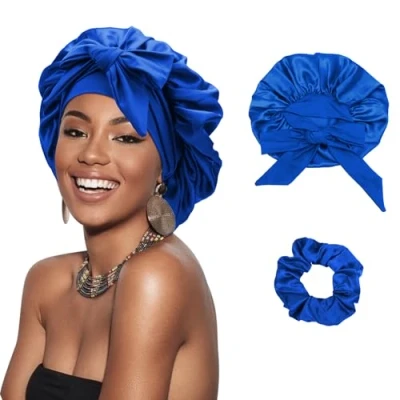 Image de DRESHOW Bonnet en Satin Tressé pour Femme Soie Dormir de Sommeil avec Bande Elastique Nuit Cheveux Longs et Bouclés Locs