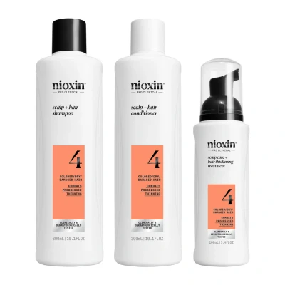 Image de NIOXIN Scalp + Hair Thickening System 4 Shampoing, Après Shampoing et Soin pour Cheveux Colorés, Secs Abîmés, Chute Avancée (300+300+100 ml)