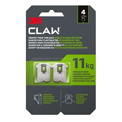 Image de 3M CLAW Crochets pour Accrocher des Tableaux sur murs en plâtre, 4 Poids Maxi testé jusqu&#039;à 11 kg Idéal Fixer Objets lourds, Miroirs, Décoration d&#039;intérieur, sans Outil