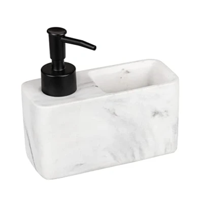 Image de WENKO Distributeur de Produit Vaisselle Resa Marbre, Savon, visuel marbré avec Compartiment à éponge (Incluse), Rechargeable, contenance env. 150 ML, 14,5 x 14,3 6 cm, Blanc/Noir