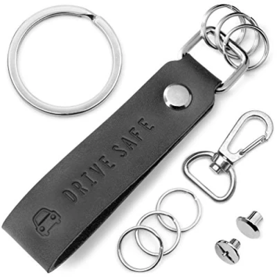 Image de FABACH Porte clés en Cuir avec anneau interchangeable dans une boîte cadeau de voiture pour trousseau et Drive Safe, noir (Noir) FB_LEA_S_DS
