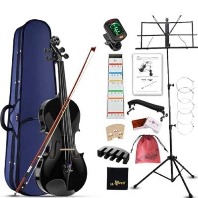 Image de Aileen 4/4 Violon pour Adultes Débutants, Kit de Démarrage Enfants 12+, Ensemble Noir Etudiants avec 13 Accessoires, incluant Pupitre, Nouveau Sticker Exclusif la Doigt