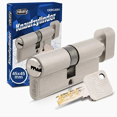 Image de GERCAR Pro Cylindre de serrure à bouton 45/45 Massif Avec En laiton nickelé mat 5 clés Clé réversible Longueur : 90 mm, A 45 B 1 x