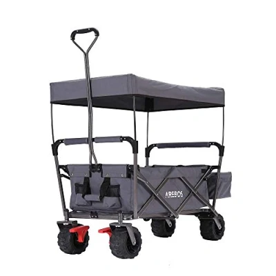 Image de Arebos Chariot à Bras Pliable avec Toit Main Outils 2 Poches en Filet et Une Poche extérieure Jusqu&#039;à 100 kg de capacité Charge Gris