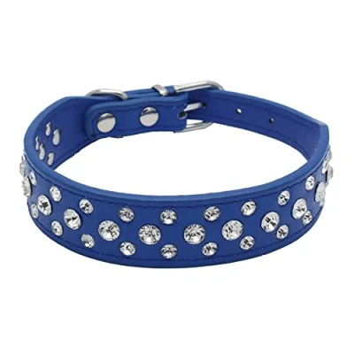 Image de haoyueer Collier en cuir synthétique avec strass pour chien ou chat Taille M Bleu foncé