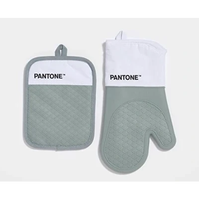 Image de Pantone™ Set de Cuisine composé Gant Four + manique, en Coton avec poignée antidérapante Silicone Accessoires utiles résistants à la Chaleur jusqu&#039;à 250 C, Blanc/Gris