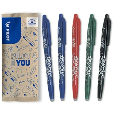 Image de PILOT Lot de 5 Frixion Ball Stylo effaçable à encre thermosensible roller rechargeable fabriqué partir plastique recyclé 2 Bleus, 1 Noir, Rouge, Vert Pointe moyenne
