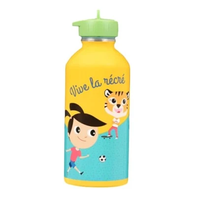 Image de gourde enfant Acier inoxydable DRAEGER PARIS Facile à nettoyer réutilisable Idéale pour parc, école Contenance 300ml 17 cm x 6,5 Jaune Message inscrit : Vive La Récré