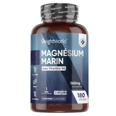 Image de Magnésium Marin 360 mg Avec Vitamine B6 180 Gélules Vegan (3 Mois) Haute dose, Sous Forme d&#039;Oxyde De Complément Fatigue, Immunité, Système Nerveux, Musculation Qualité Premium