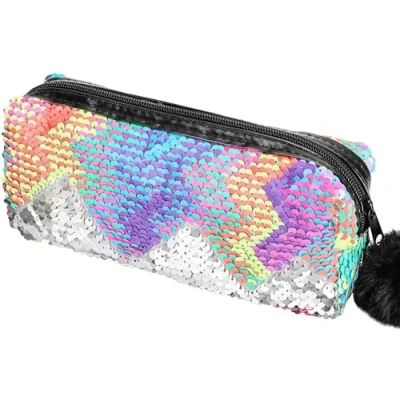 Image de Phogary Glitter Cosmétique Sac Sirène Spirale Paillettes Réversibles Étudiants Crayon Étui pour Filles Femmes À Main Bourse Maquillage Pochette Avec Pompon Fermeture Éclair (couleur mélangée)