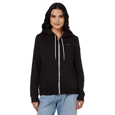 Image de Tommy Hilfiger Sweat à Capuche zippé en Tissu éponge Uni Sweatshirt, Black, S Femme