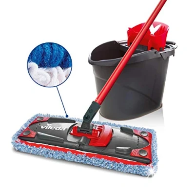 Image de Vileda Ultramax Micro/Coton Spécial Carrelage Kit complet, ensemble de balais à plat avec seau essoreur, housse en microfibre spéciale carrelages, retire plus 99% des bactéries l&#039;eau