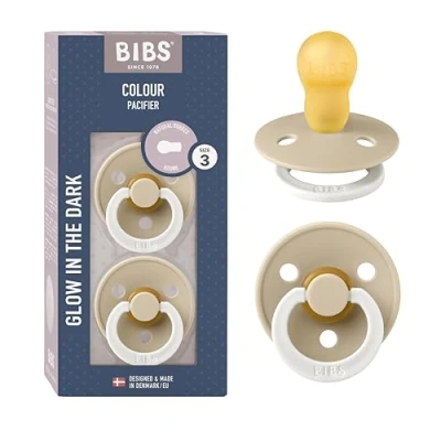 Image de Tétine BIBS Colour Glow. Lot de 2 sucettes. Brillent dans le noir. Sans bisphénol A, Téterelle ronde. Latex caoutchouc naturel, Fabriqué au Danemark, Taille 3 (plus 18 mois), Vanilla Glow