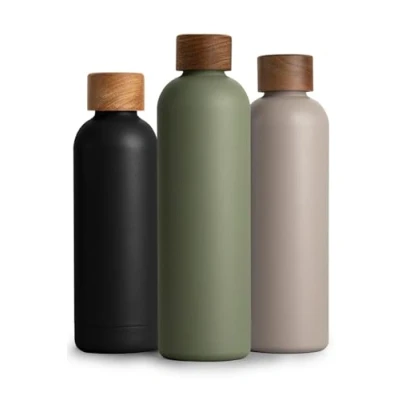 Image de T&amp;N Bouteille Isotherme d’eau 1l en acier inoxydable avec bouchon bois d&#039;acacia, Gourde Inox 1 Litre, conserve le froid à 29h, la chaleur 14h, étanche pour boissons gazeuses