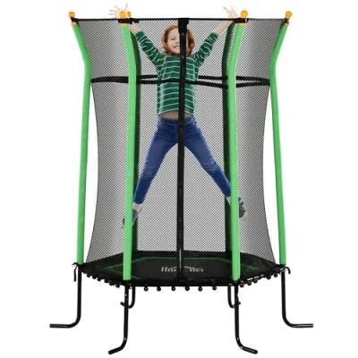 Image de HOMCOM Trampoline pour Enfant Ø 1,63 x 1,9 m Filet de sécurité Porte zippée 6 poteaux rembourrés Inclus Charge Max. 50 kg Vert Noir