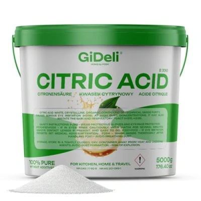 Image de GiDeli Acide citrique de qualité alimentaire en poudre monohydraté 5000 g cristaux E330 purs nettoyage détartrant acidifiant non sucré dans un seau refermable 5 kg