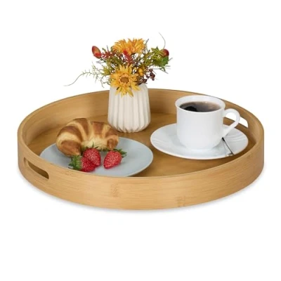 Image de Relaxdays Plateau de Service, en Bambou et MDF, avec poignées, Bord élevé, Design Rond, H x D : 5 40 cm, Nature