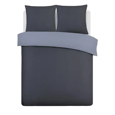 Image de Vision Parure de lit Réversible Bicolore Anthracite/Gris Set Housse Couette 155 x 220 cm avec 2 taies d&#039;oreiller 80x80cm 100% Coton