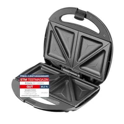 Image de Emerio Machine à sandwich double, sans BPA, forme classique pour triangulaire, facile nettoyer, antiadhésive, chauffe rapidement, 750 watts