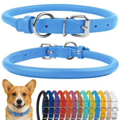 Image de CollarDirect Collier de Chien en Cuir roulé, Chiot Rond rembourré Doux, véritable Fait à la Main pour Petit Grand Chat (35 40 cm, Bleu texturé)