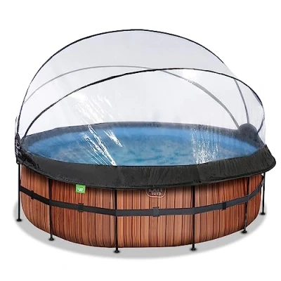 Image de EXIT Toys piscine Wood avec dôme multifonctionnelle ø427x122cm Grande pompe à filtre sable et échelle de Extra profonde Pour une eau propre chaude Marron