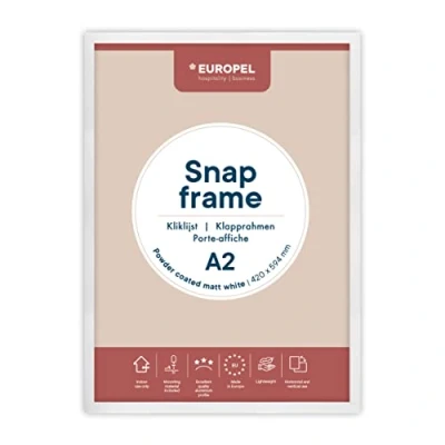 Image de Europel Cadre Porte affiche clic clac léger A2, finition blanche mate poudrée, 25x11 mm Aluminium anodisé protecteur anti reflet, Dimensions extérieures 451x625 Dos polystyrène gris