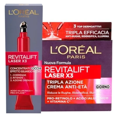 Image de L&#039;Oréal Paris Revitalift X3 Crème de jour au laser anti âge triple action raffermissante et éclairante avec Pro Rétinol Vitamine C + Contour des Yeux Concentré Drainant 2 traitements à l&#039;acide