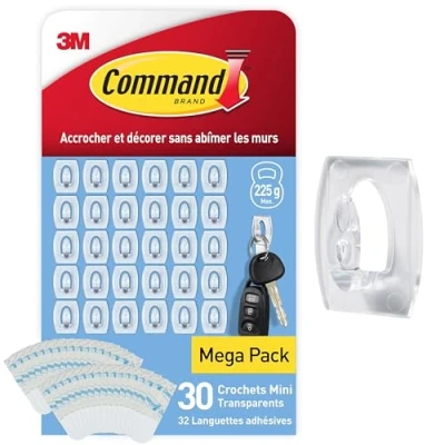 Image de Command Crochets Mini Transparents avec Languettes Transparentes, Lot de 30 et 32 Pour Accrocher Décorer Sans Abîmer